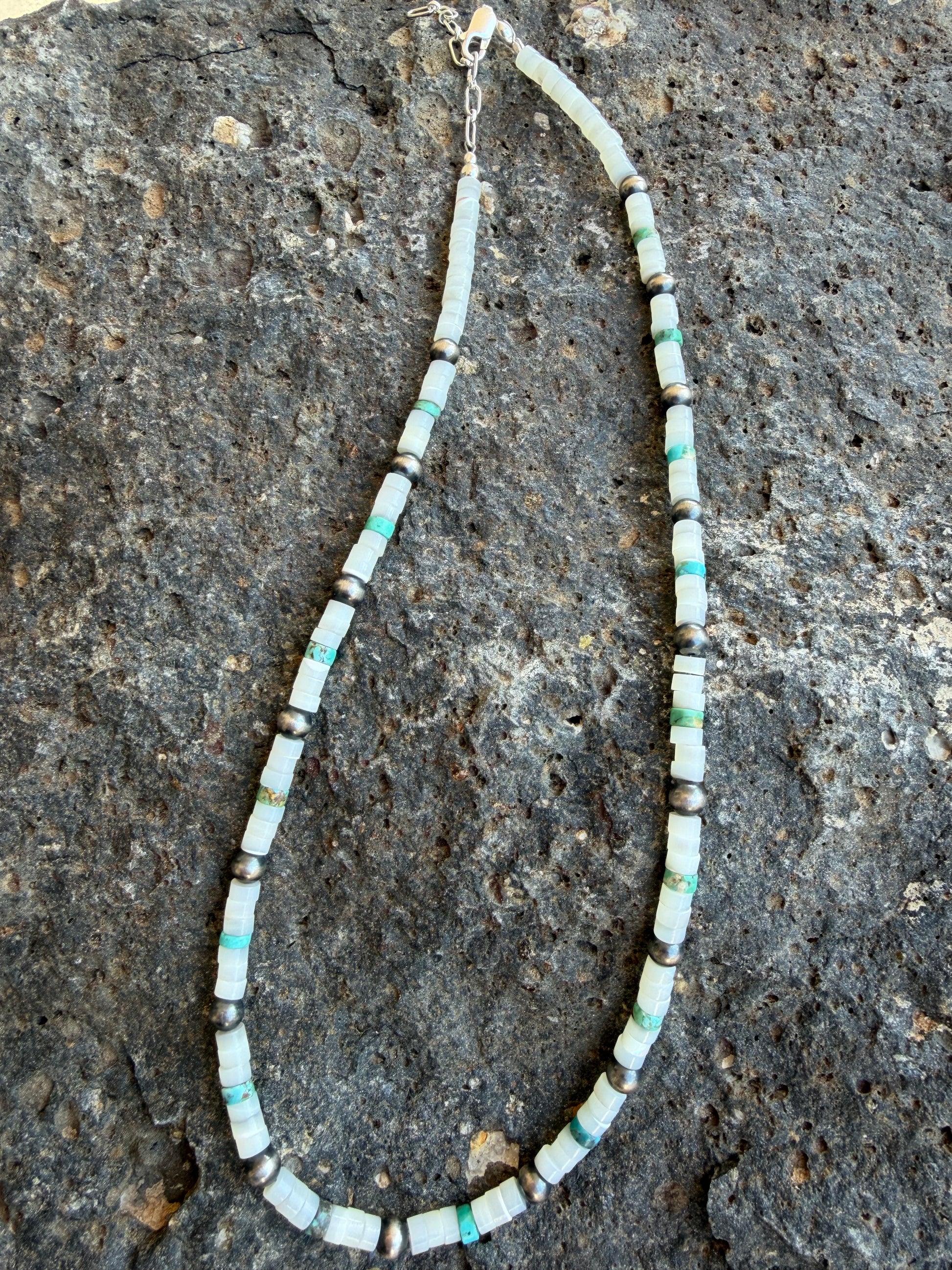 Native American Marquez Tachiini Handmade Turquoise Necklace with Sterling Navajo Beads 14-16” Adjustable Sterling Silver Clasp