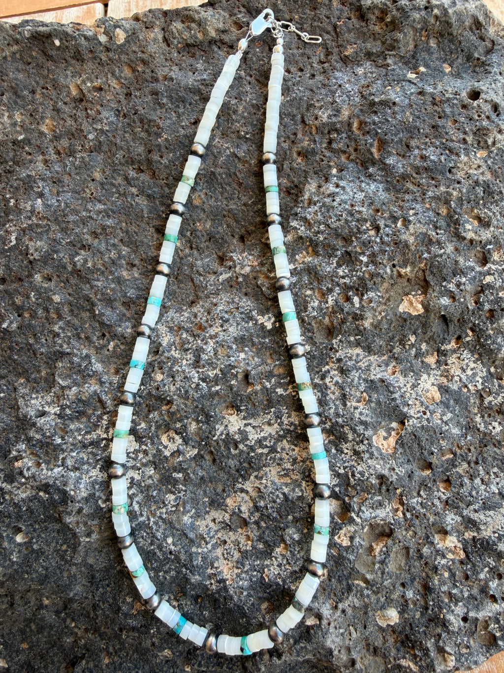 Native American Marquez Tachiini Handmade Turquoise Necklace with Sterling Navajo Beads 14-16” Adjustable Sterling Silver Clasp