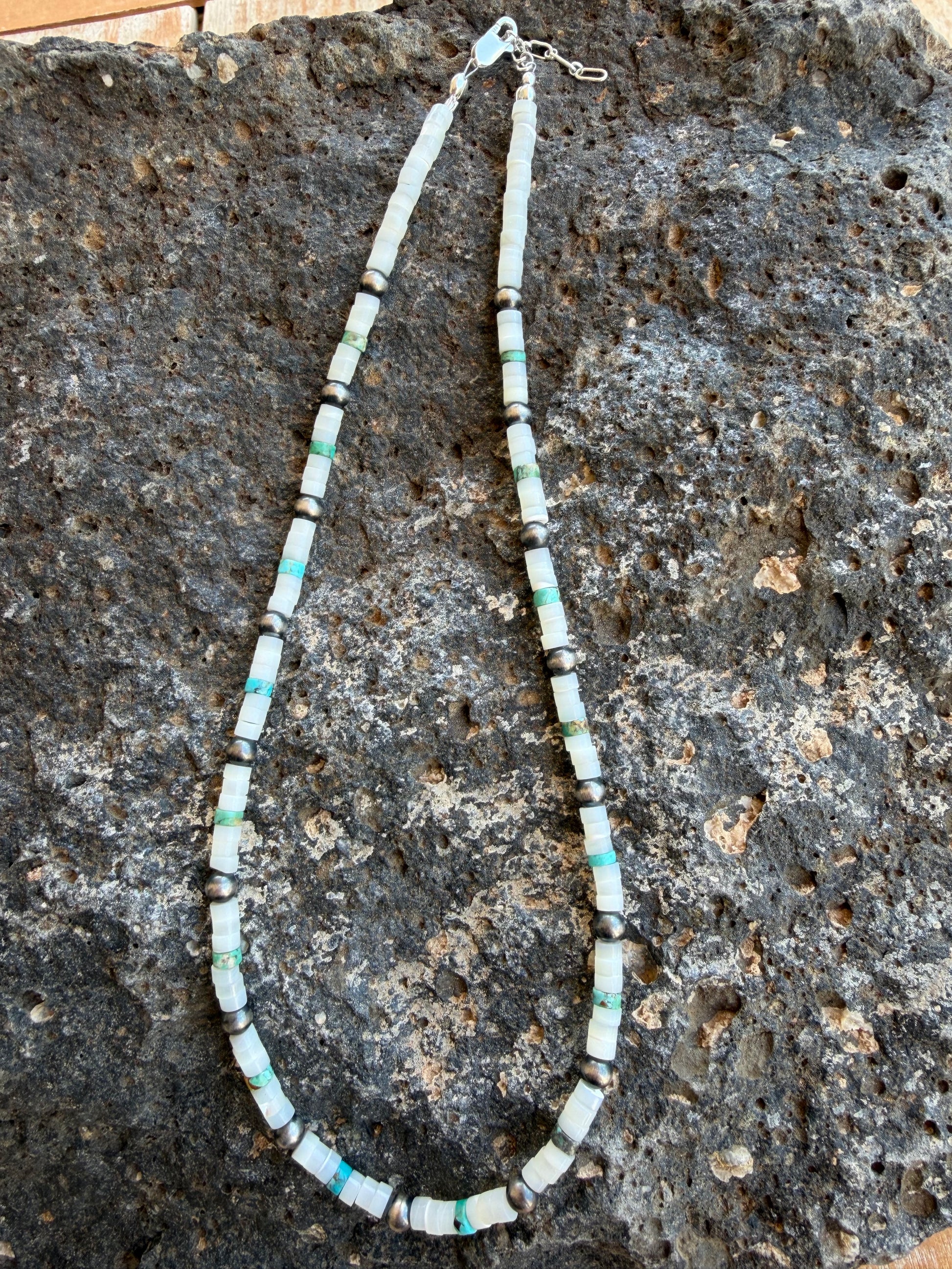 Native American Marquez Tachiini Handmade Turquoise Necklace with Sterling Navajo Beads 14-16” Adjustable Sterling Silver Clasp