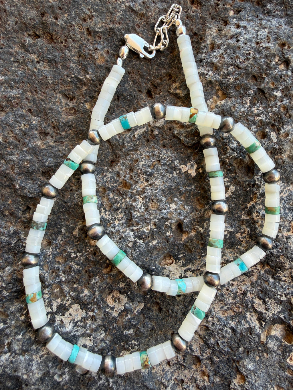 Native American Marquez Tachiini Handmade Turquoise Necklace with Sterling Navajo Beads 14-16” Adjustable Sterling Silver Clasp