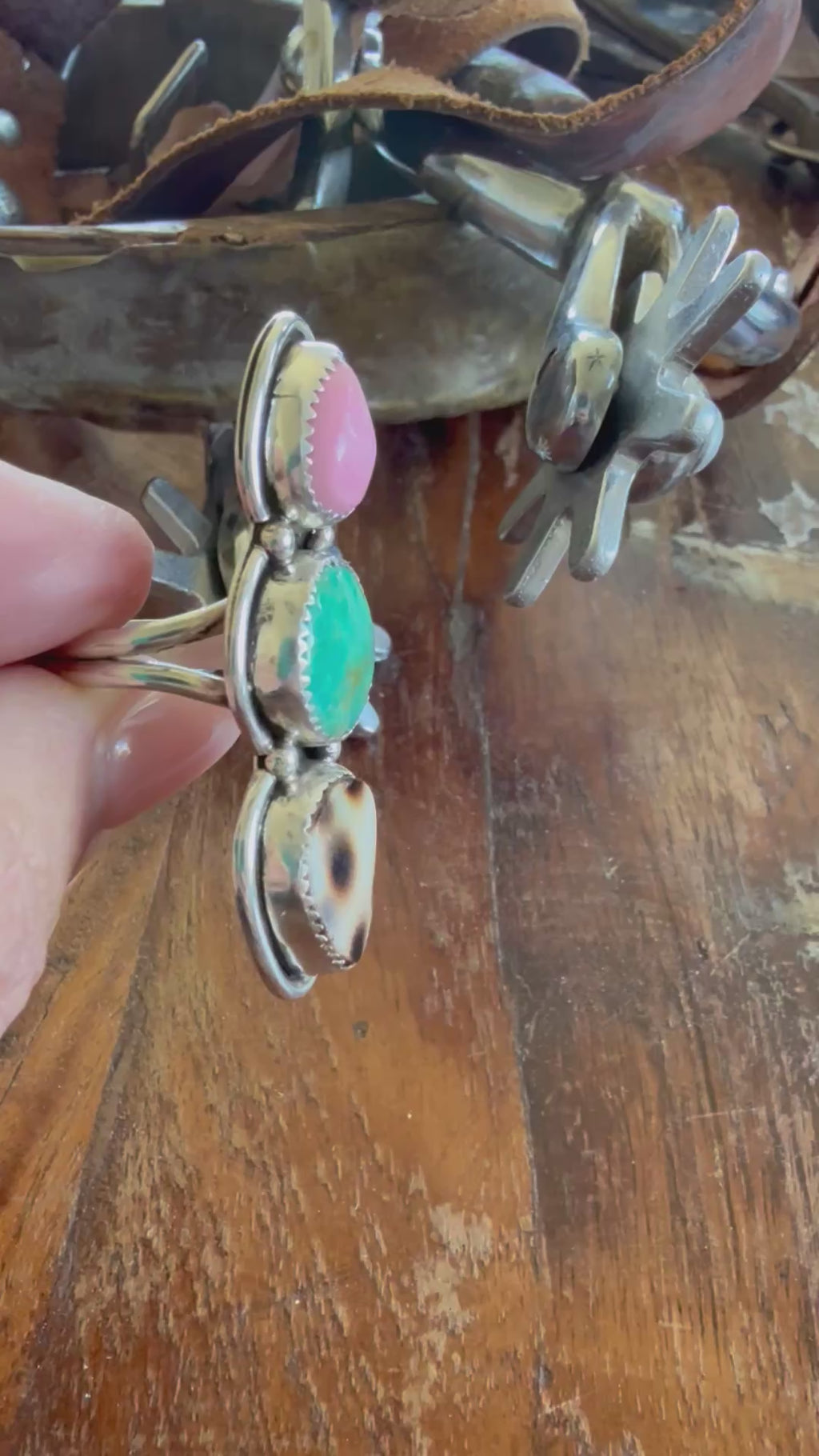 Authentic Native American Handmade Sterling Silver, Turquoise, Cowrie Shell, and Pink Conch Shell Ring size 7