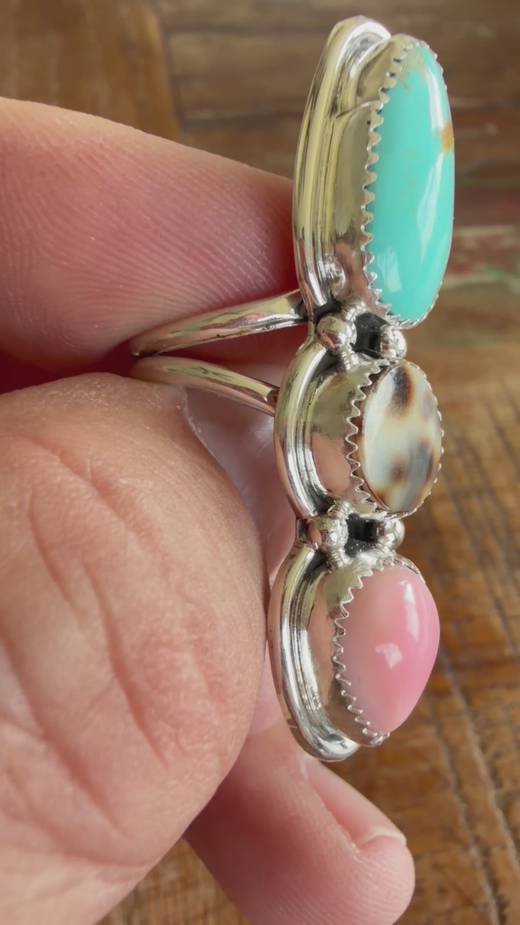 Native American Handmade Cowrie Shell-Conch-Turquoise Triple Stack Ring Size 7