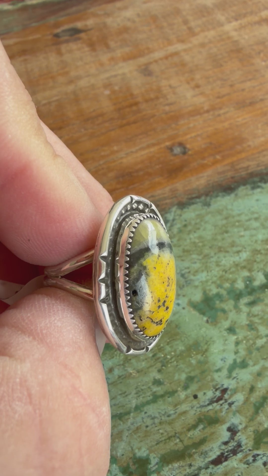 Native American Handmade Bumblebee Jasper Sterling Silver Ring Size 7.5