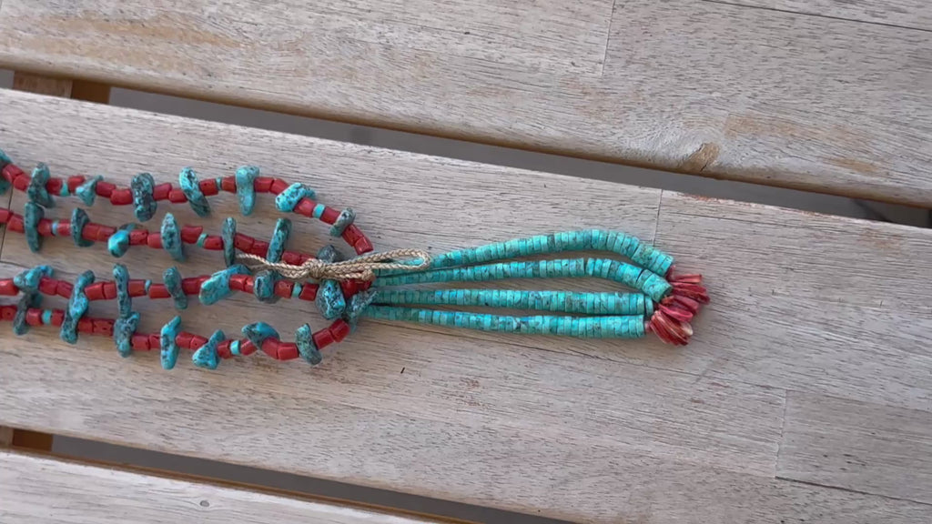 Native American Handmade Kingman Turquoise-Coral Necklace with Kingman and Spiny Oyster Jacla