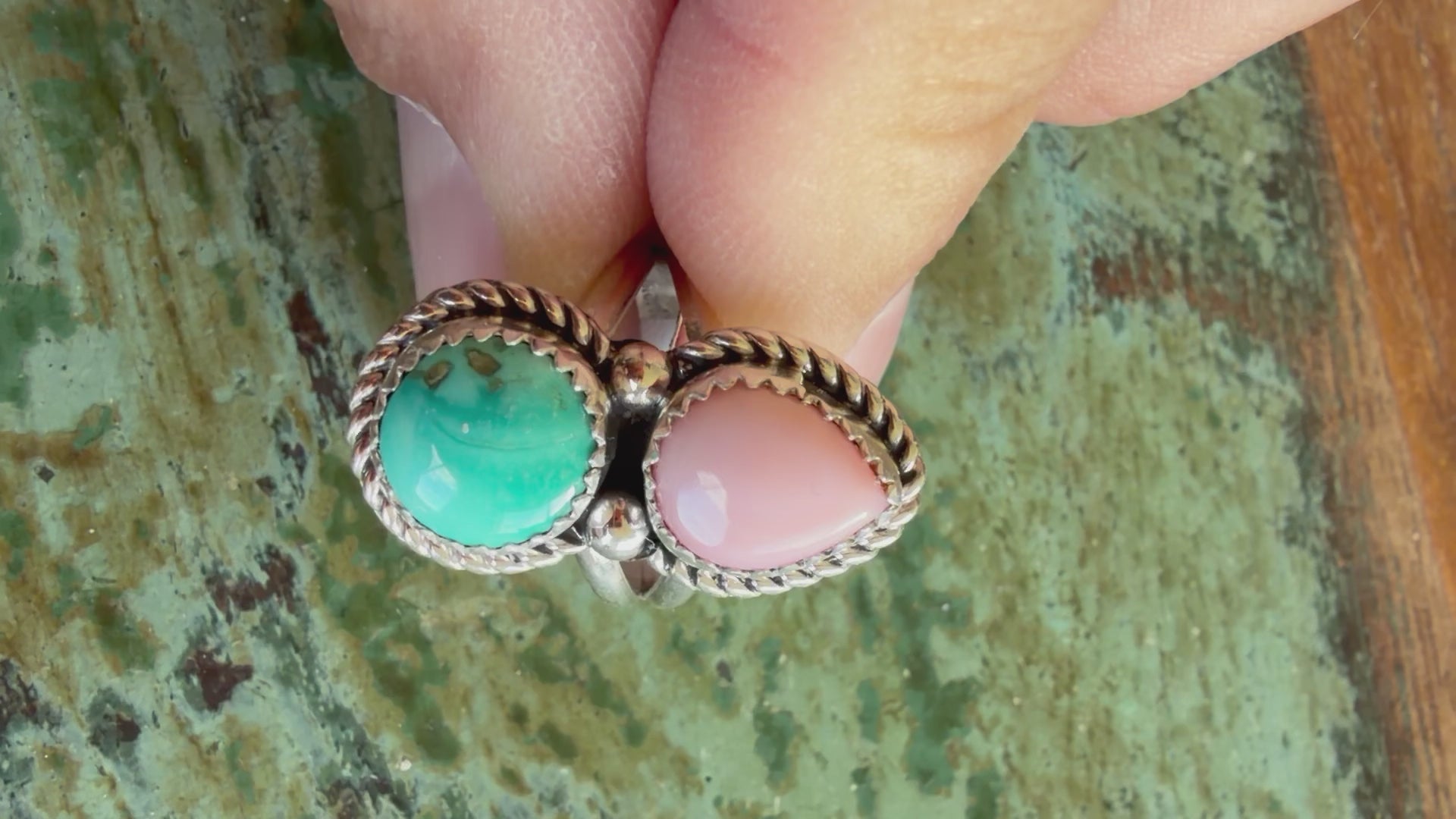 Native American Handmade Pink Conch-Turquoise Sterling Double Stack Ring