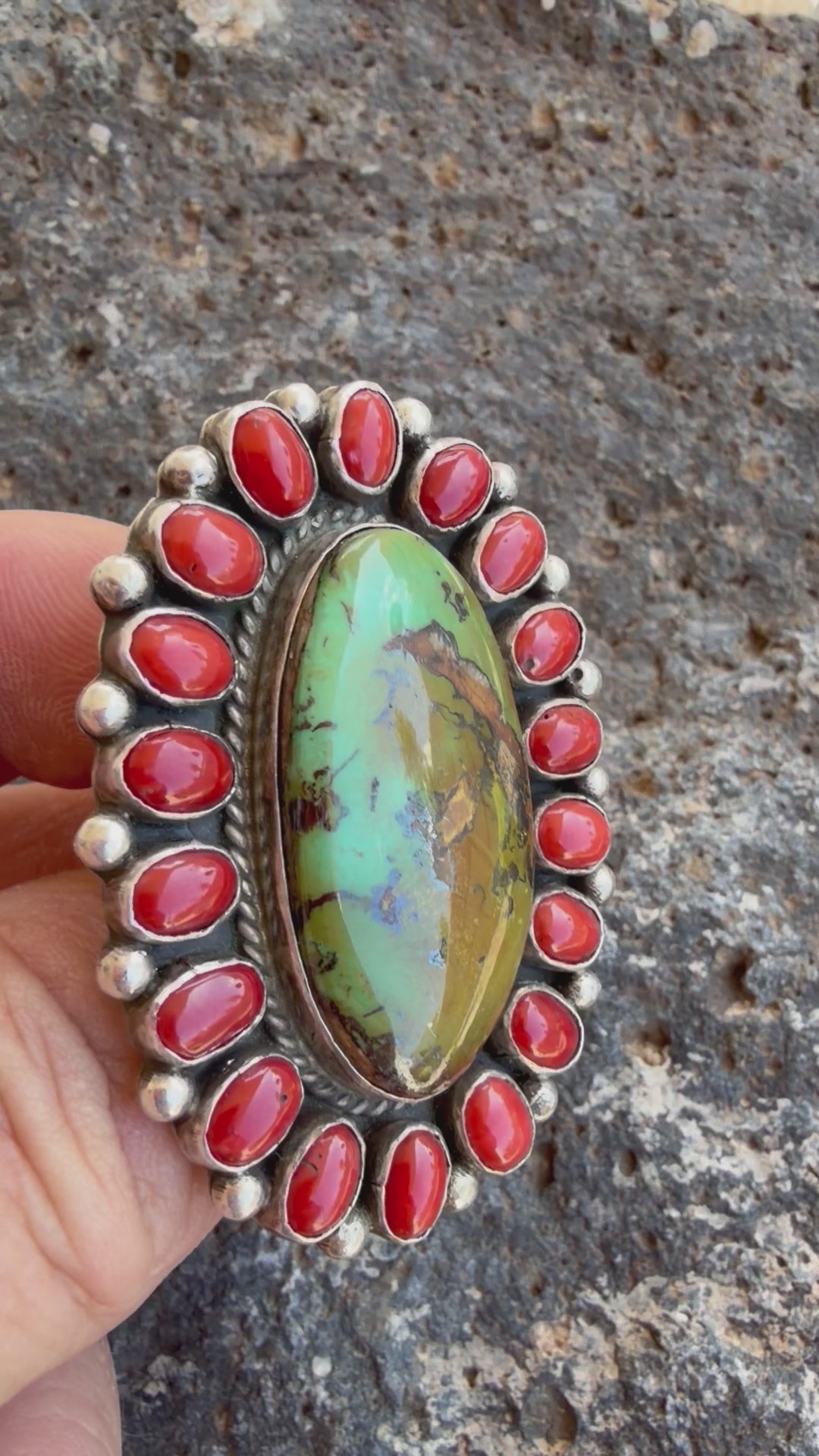 Native American Hemerson Brown Handmade Sterling Silver Coral-Royston Turquoise Ring Size 10