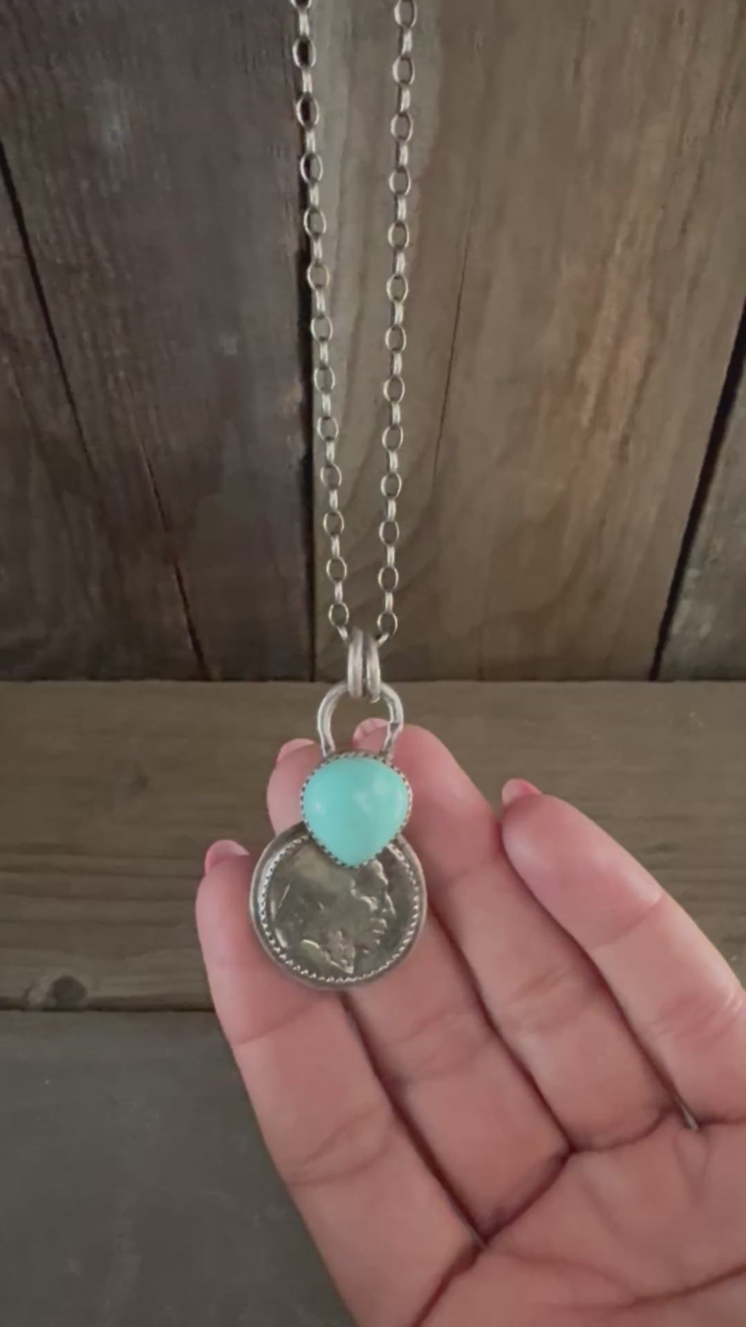 Handmade Buffalo 🦬 Nickel-Turquoise Sterling Silver Pendant and Chain 18”