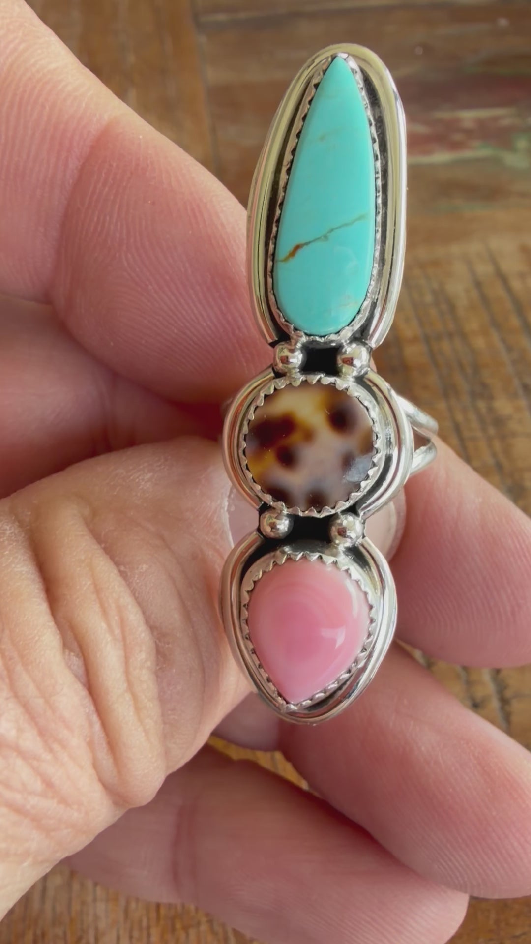 Native American Handmade Cowrie Shell-Conch-Turquoise Triple Stack Ring Size 7.75