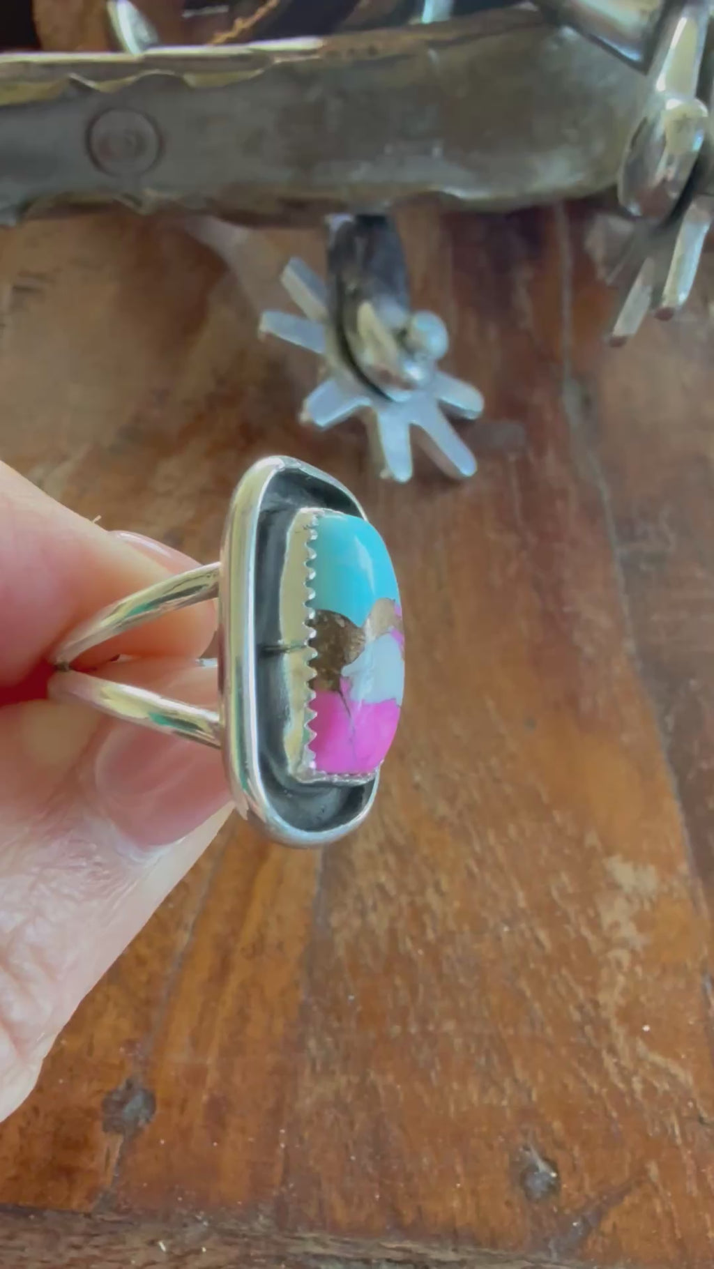 Authentic Native American Handmade Sterling Silver and Cotton Candy Ring size 7 3/4