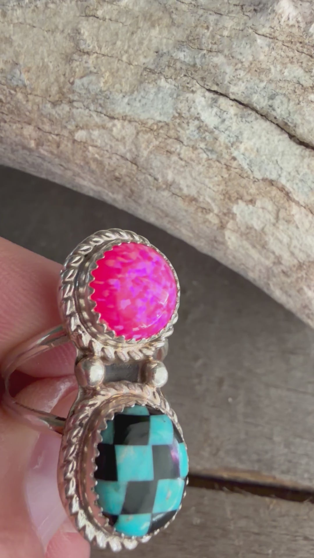 Native American Herbert Tsosie Handmade Pink Opal Ring-Sterling Silver Ring Size 8.25