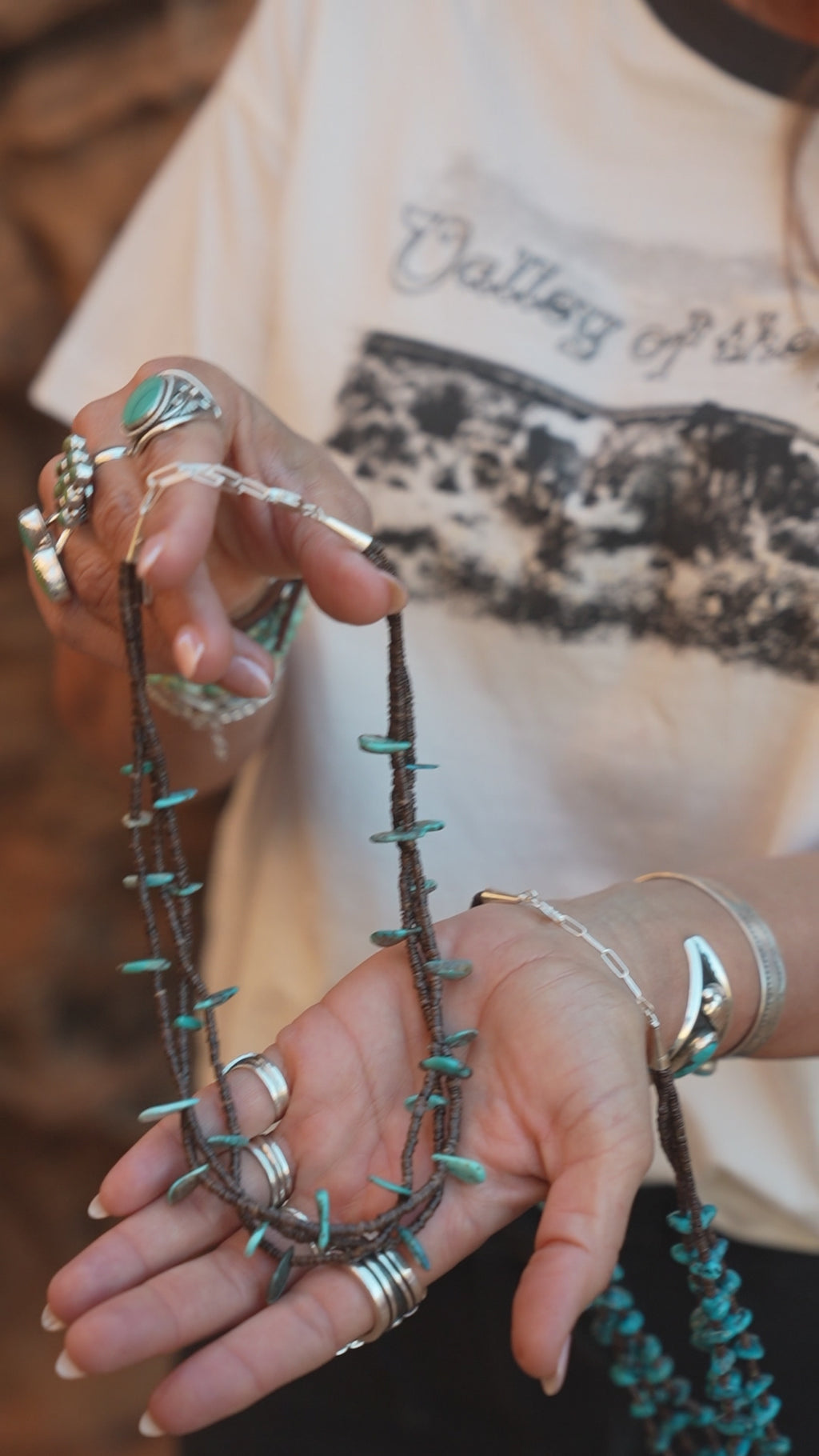 Native American Marquez Tachiini Olive Heishi Kingman Teardrop 2 Strand Necklace