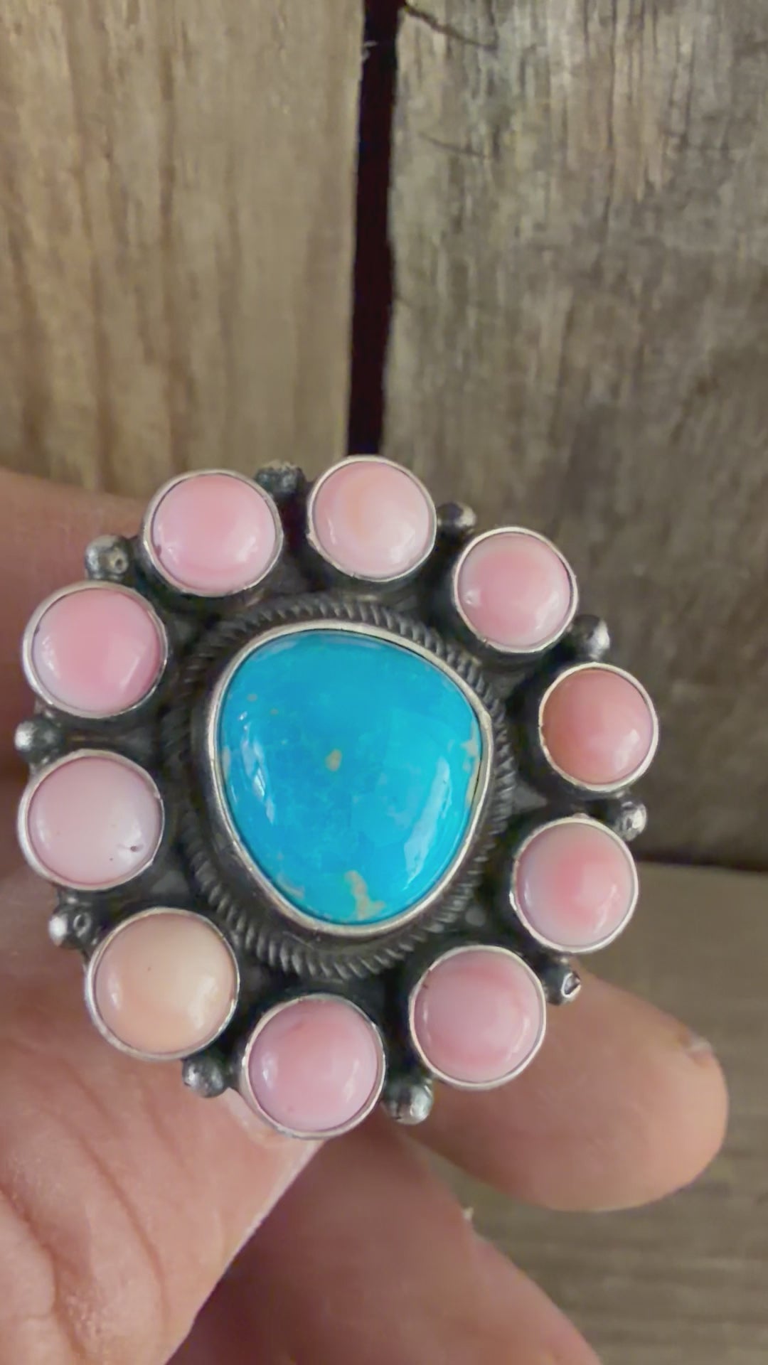 Native American Leon Martinez Handmade Pink Conch-Turquoise Cluster Adjustable Ring 🇺🇸