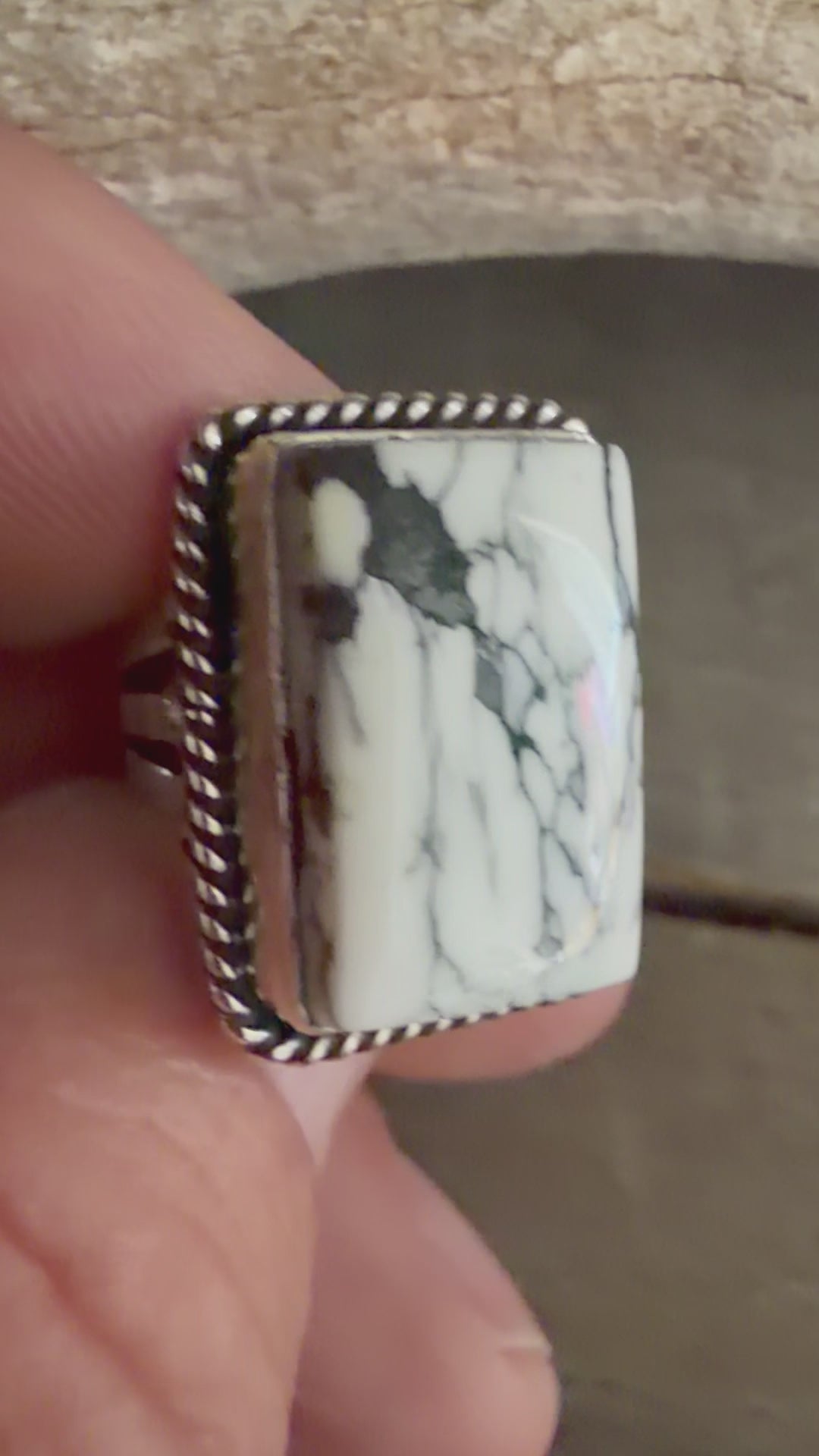 Native American Linda Yazzie Handmade White Buffalo Sterling Silver Size 6.75 Custom Ring