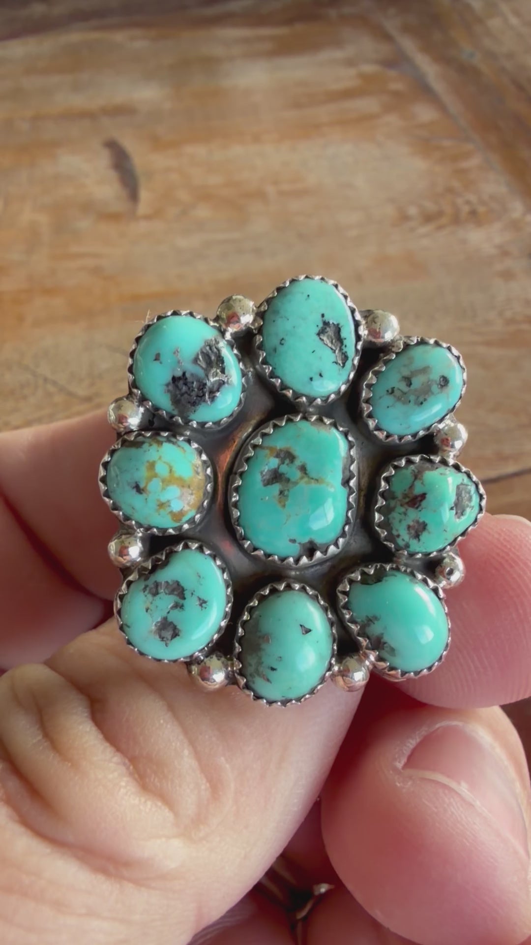 Native American Fairren Begay Handmade Sterling Silver Kingman Turquoise Cluster Adjustable Ring