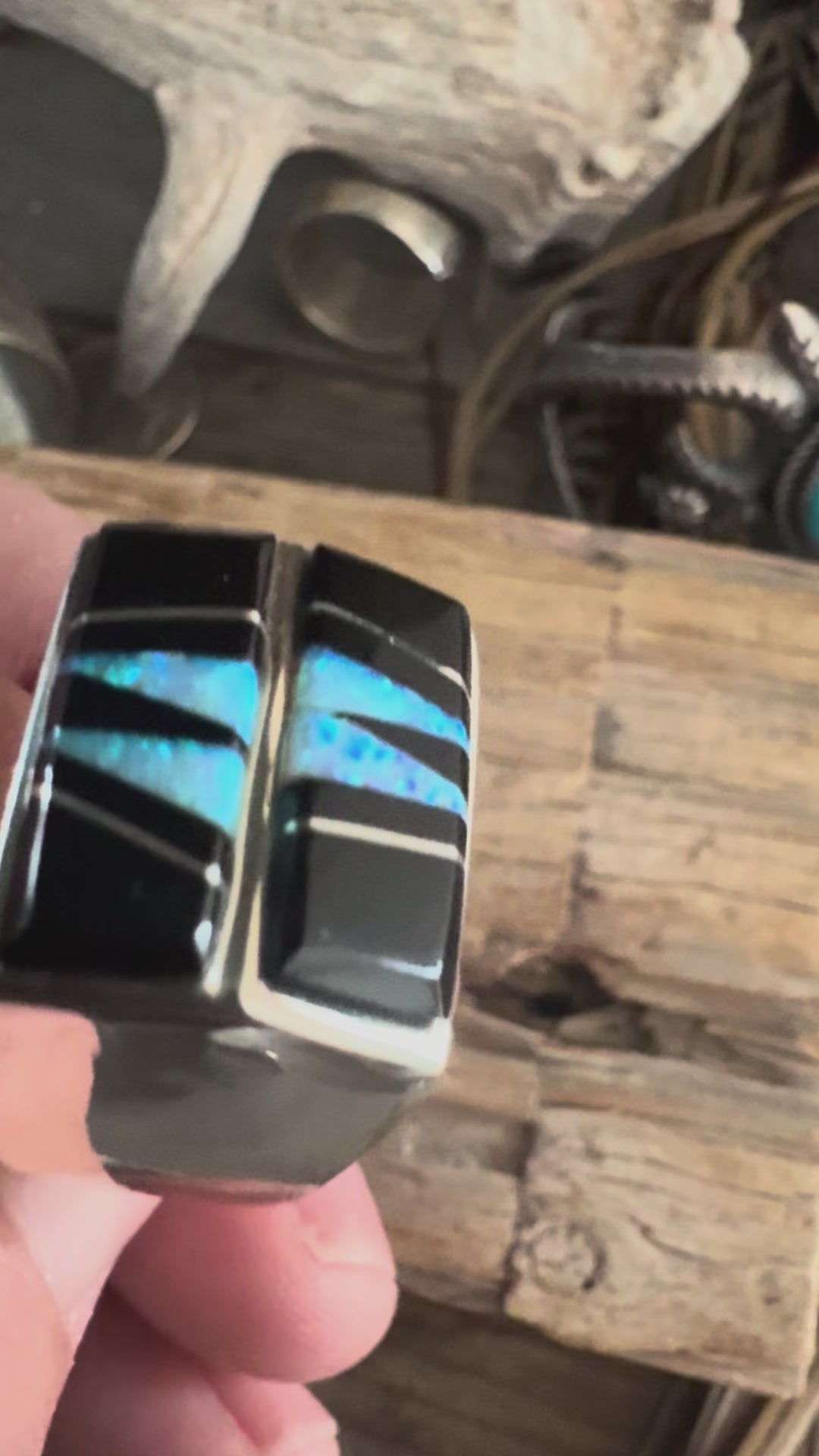 Calvin Begay Zuni Inlay Black Onyx-Turquoise Inlay Ring Size 12.5