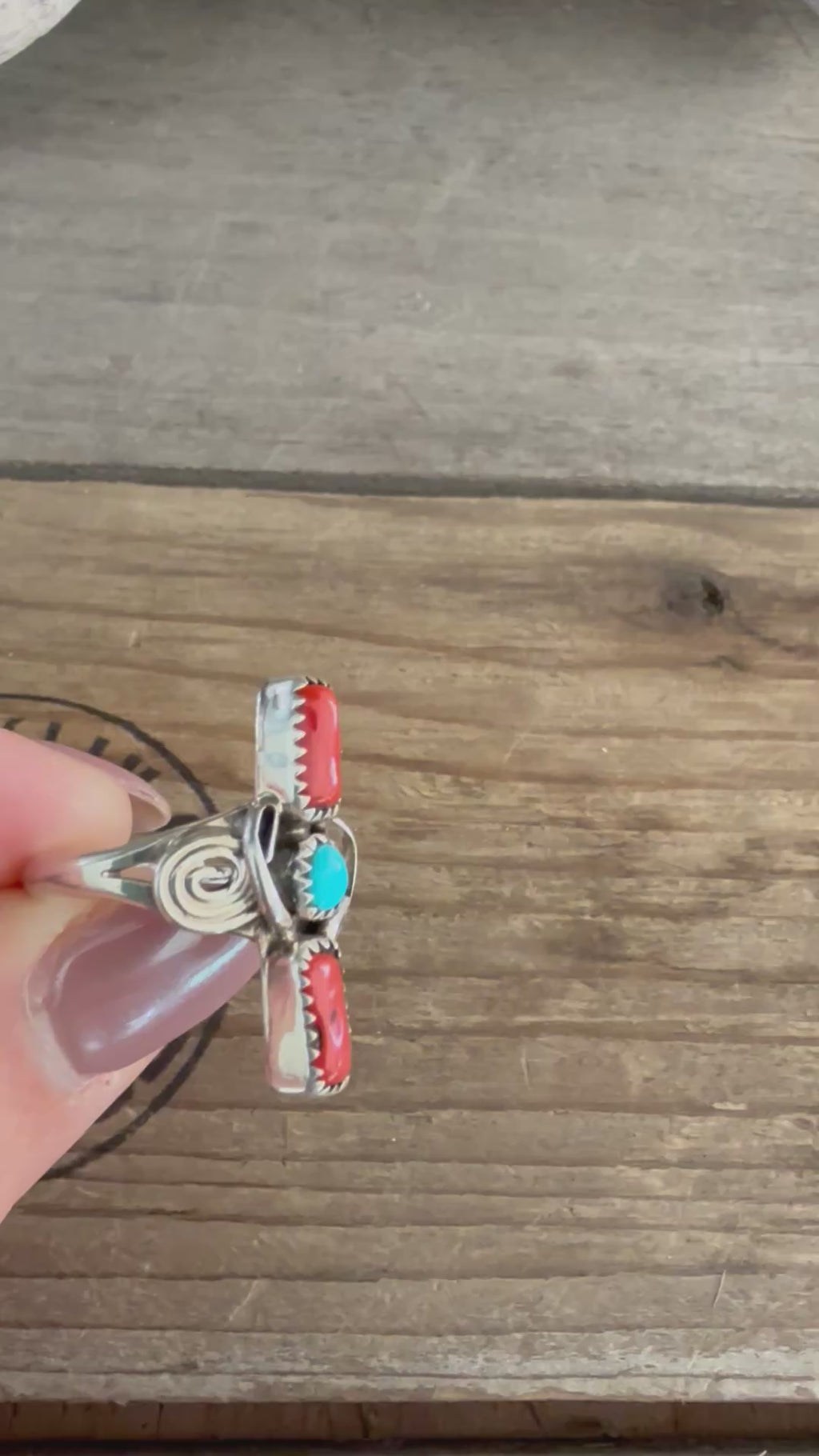 Authentic Native American Handmade Sterling Silver,Turquoise and Mediterranean Coral Ring size 5 1/2