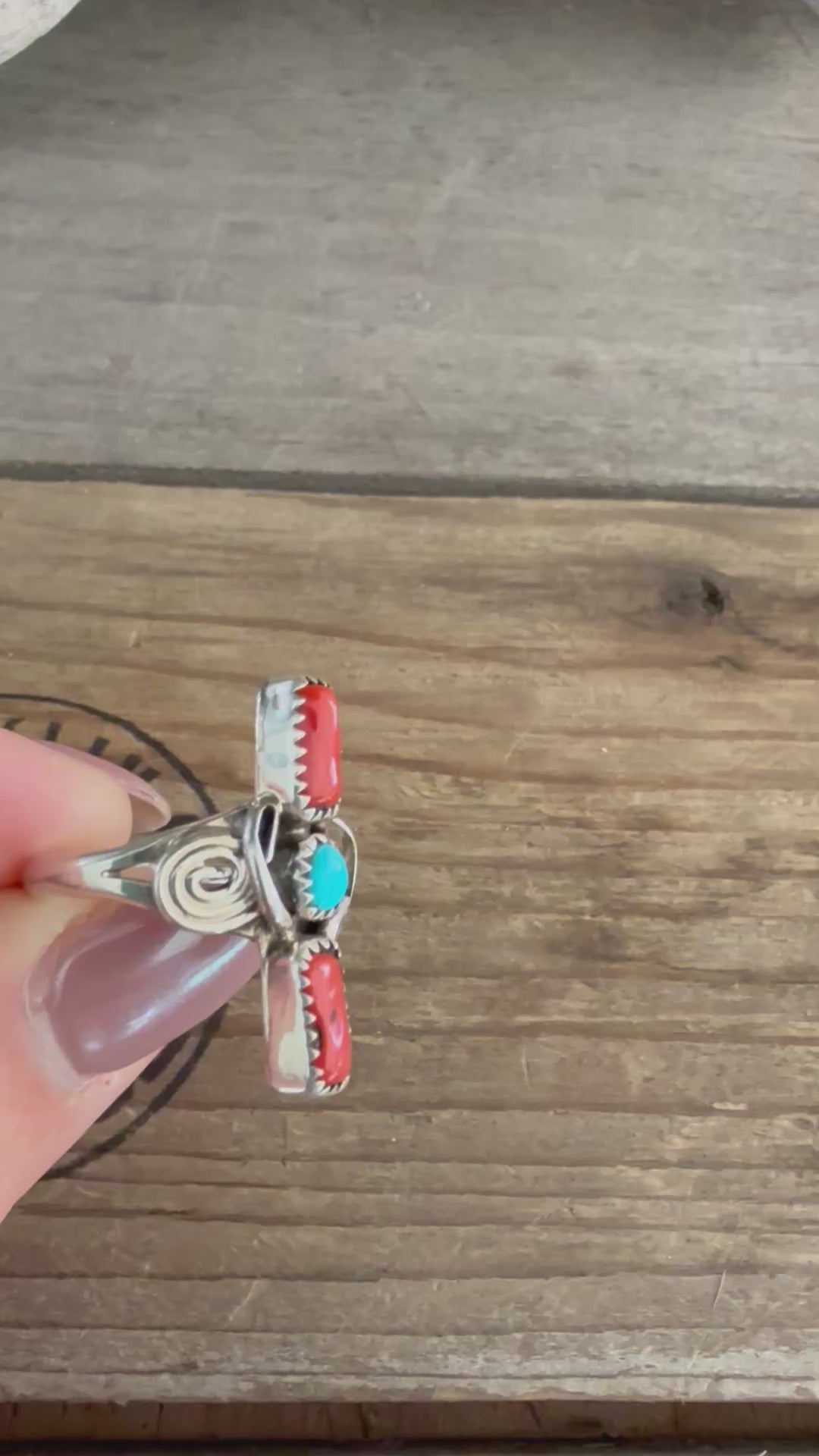 Authentic Native American Handmade Sterling Silver,Turquoise and Mediterranean Coral Ring size 5 1/2