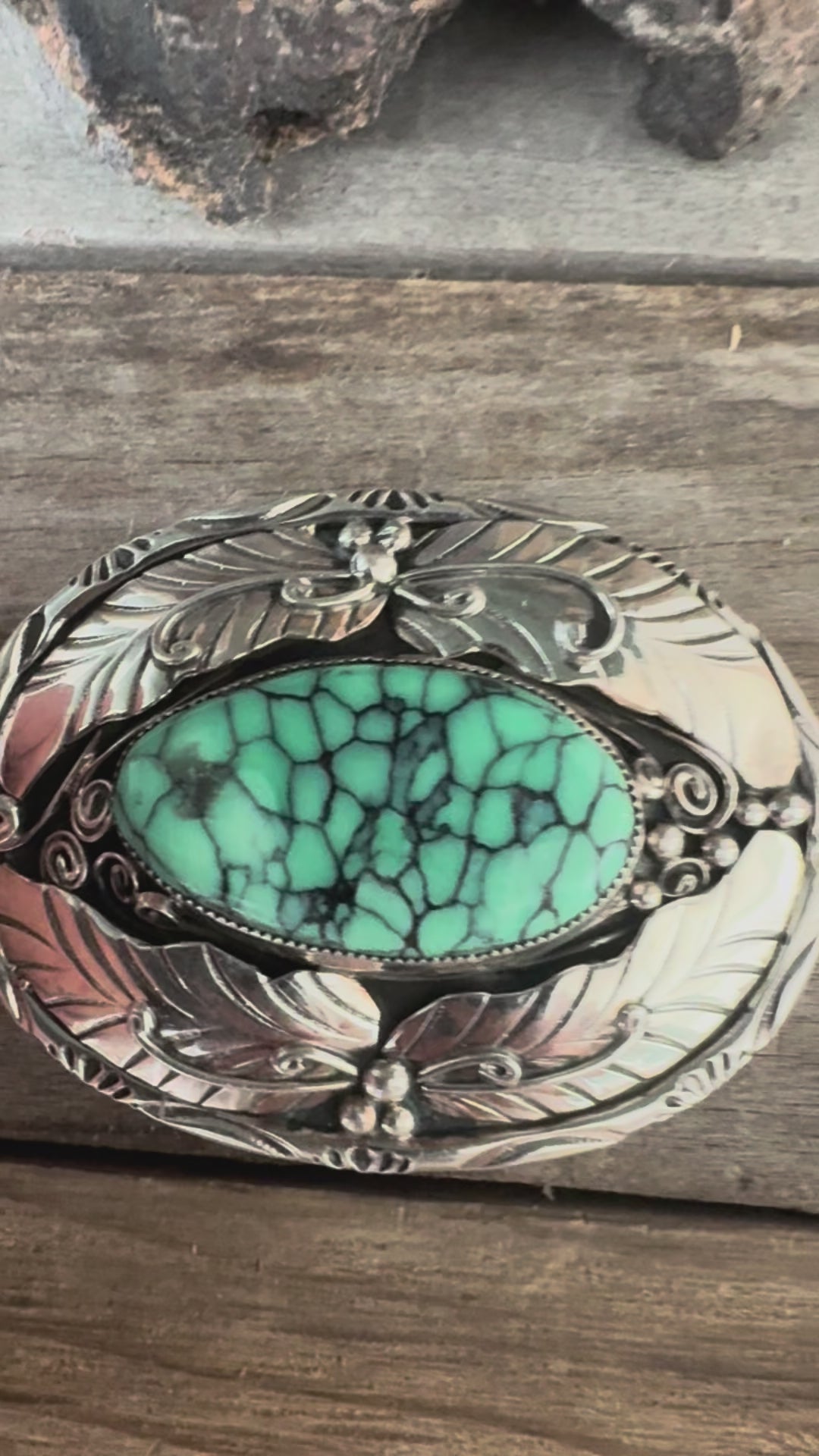 Navajo Handmade Emerald Rose Variscite Sterling-Silver Belt Buckle
