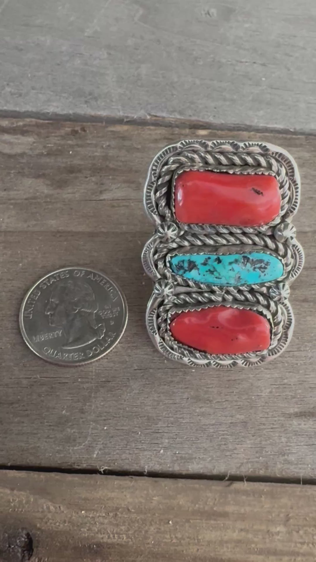 Vintage Handmade Silver-Turquoise and Coral Adjustable Ring