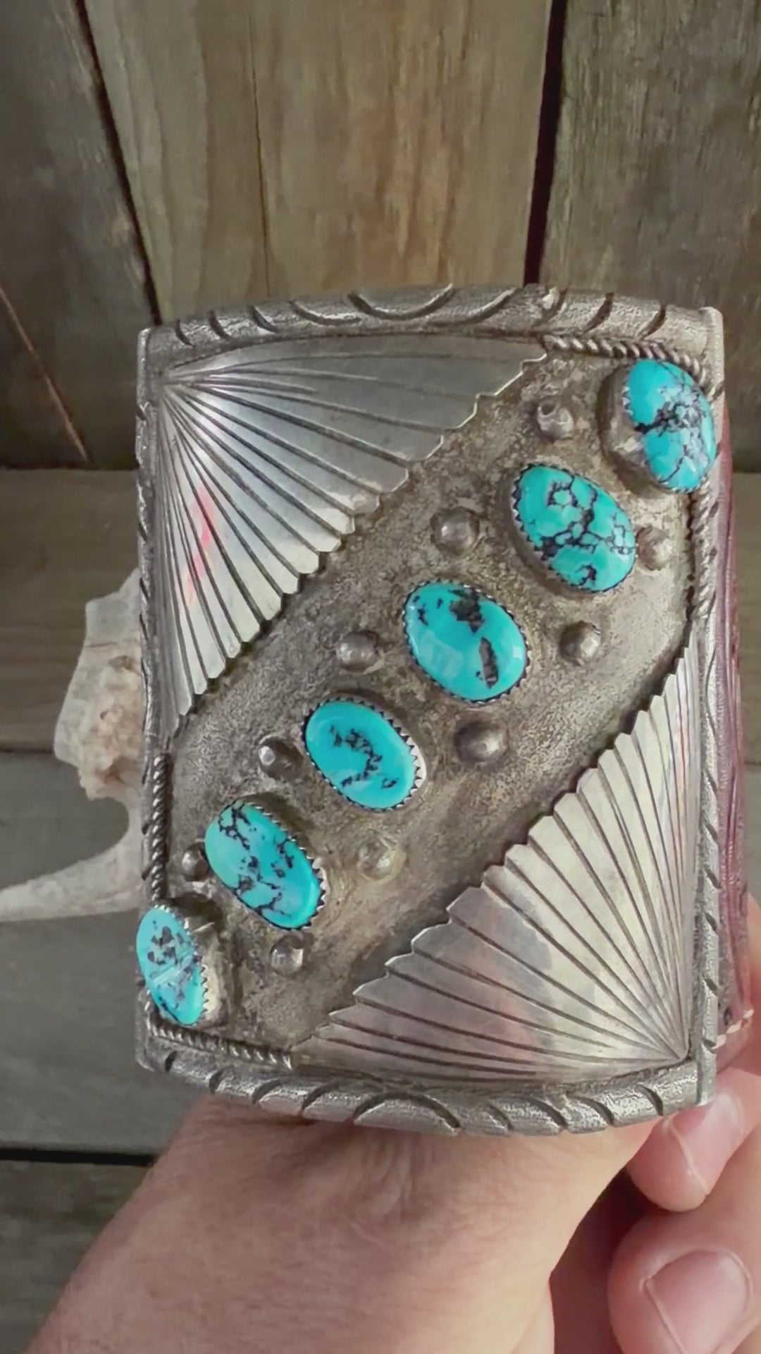 Native American Vintage Handmade Mens Leather- Sterling Silver Cuff Sleeping Beauty Turquoise