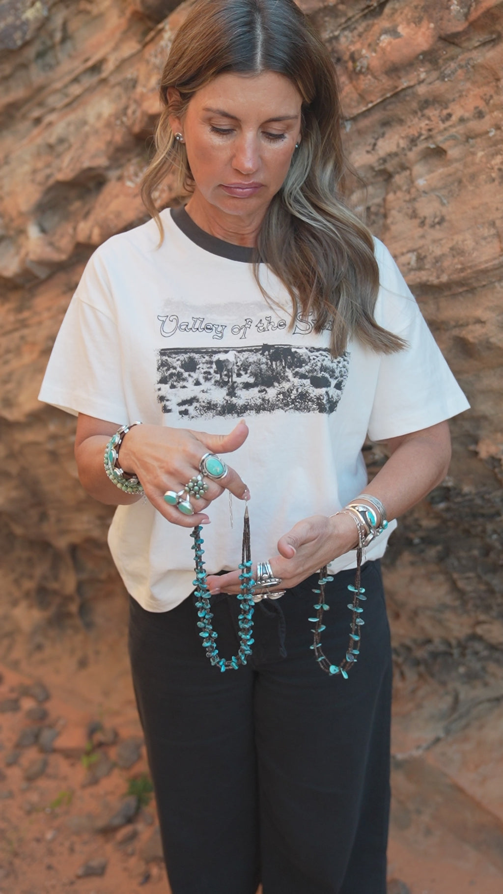 Native American Marquez Tachiini Handmade Heishi Bead Kingman Nugget 3 Strand Necklace