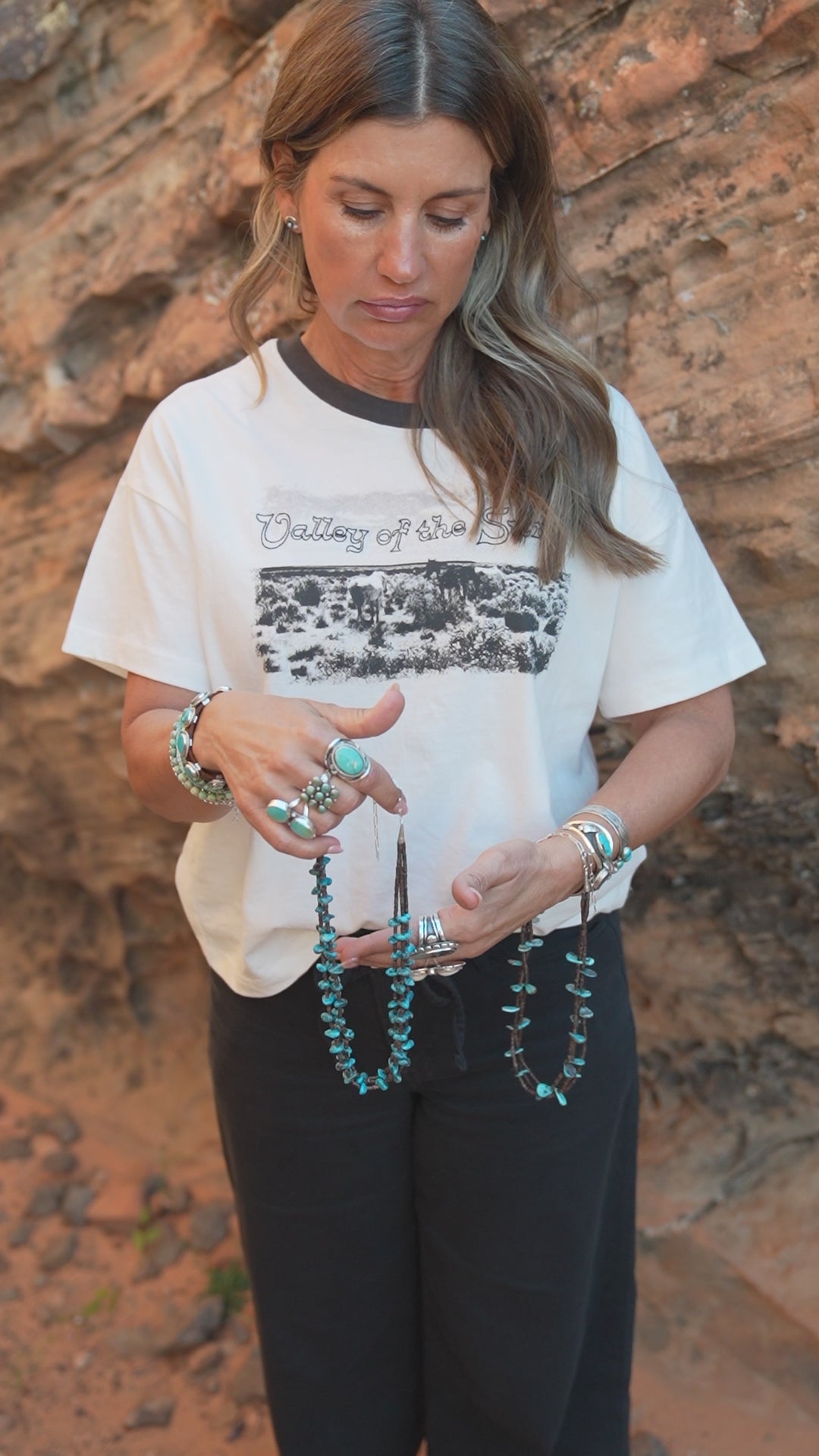 Native American Marquez Tachiini Handmade Heishi Bead Kingman Nugget 3 Strand Necklace