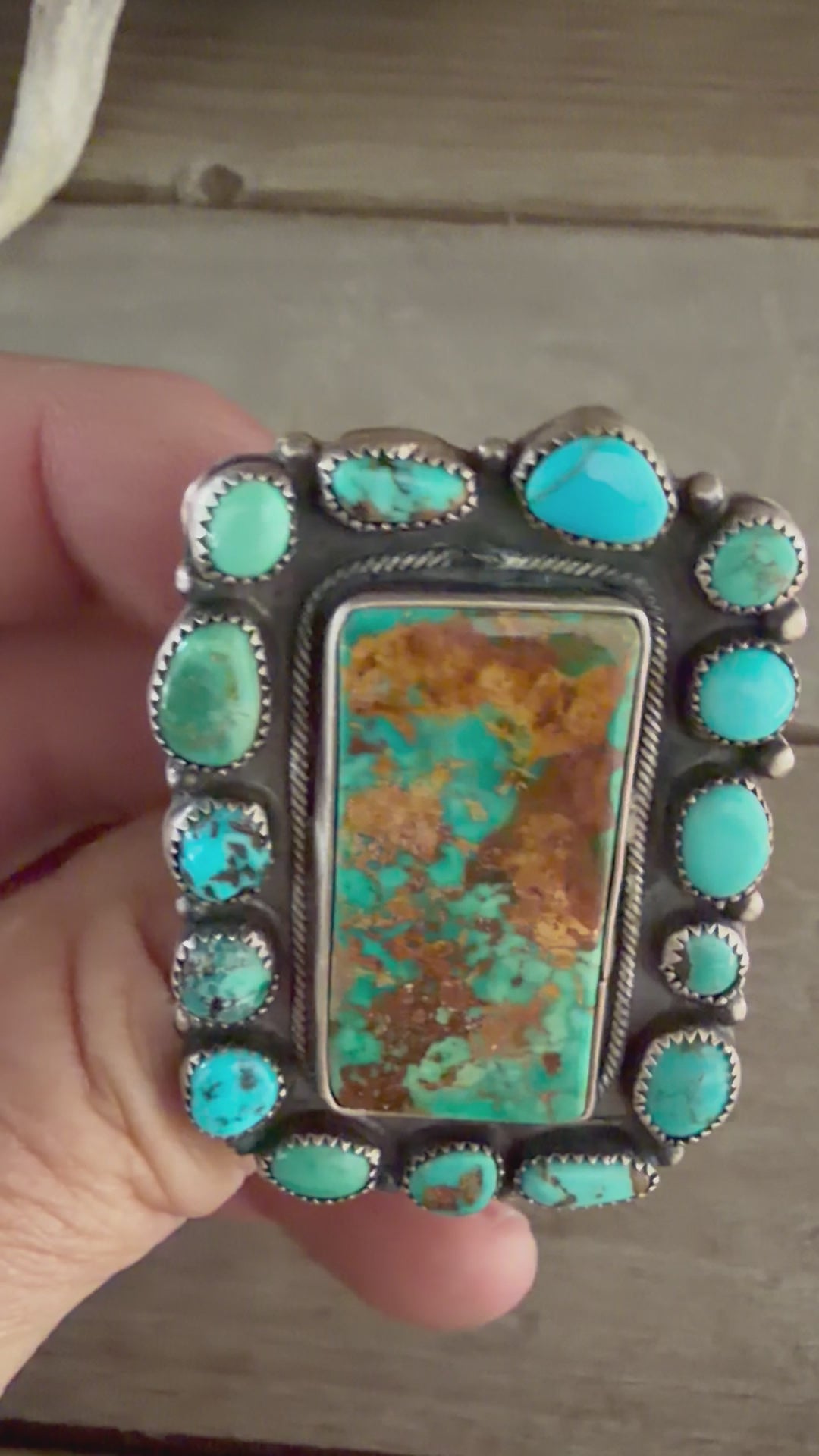 Native American Handmade Custom Silver Large Cluster Turquoise (Adjustable)
