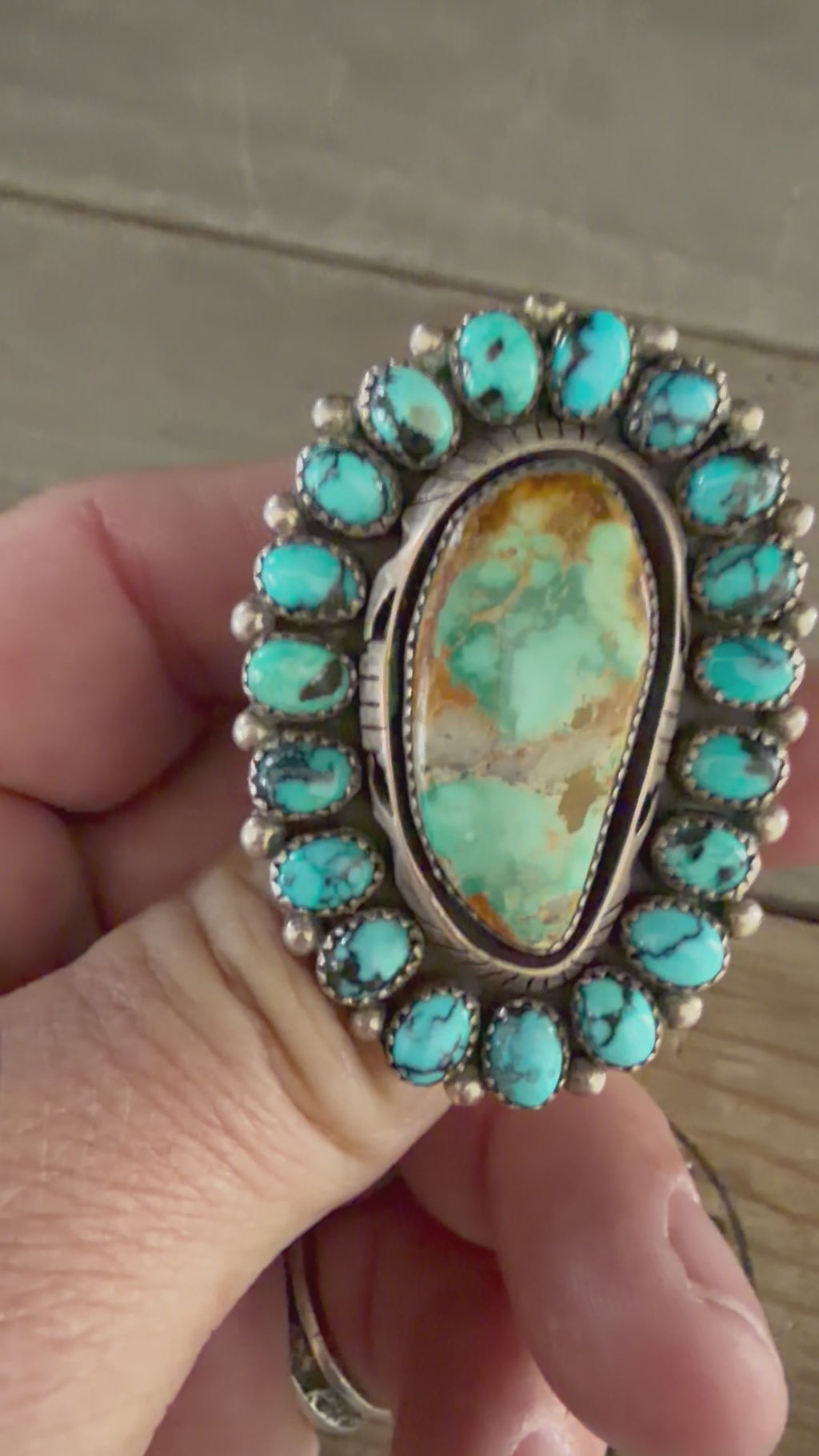Native American Marcus Chavez Handmade Turquoise Cluster Ring Size 10